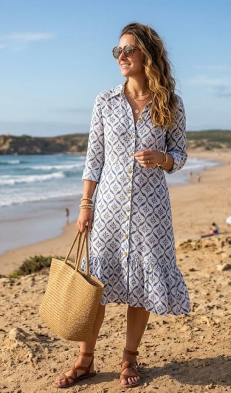 Heidi Klein Coastal Blue White Viscose Button Dress XS Ruffle Resortwear